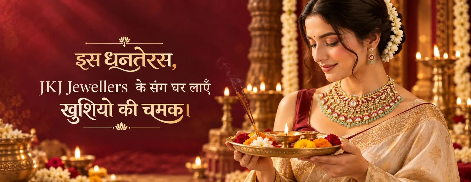 JKJ Jewellers Dhanteras: a woman in a kundan choker holding a pooja thali. इस धनतेरस, JKJ Jewellers के संग घर लाएँ खुशियों की चमक।