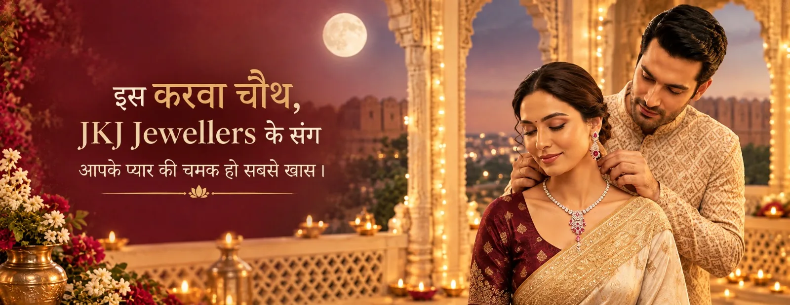 JKJ Jewellers Karwa Chauth: a husband fastening a diamond and ruby necklace on his wife. इस करवा चौथ, JKJ Jewellers के संग आपके प्यार की चमक हो सबसे खास।