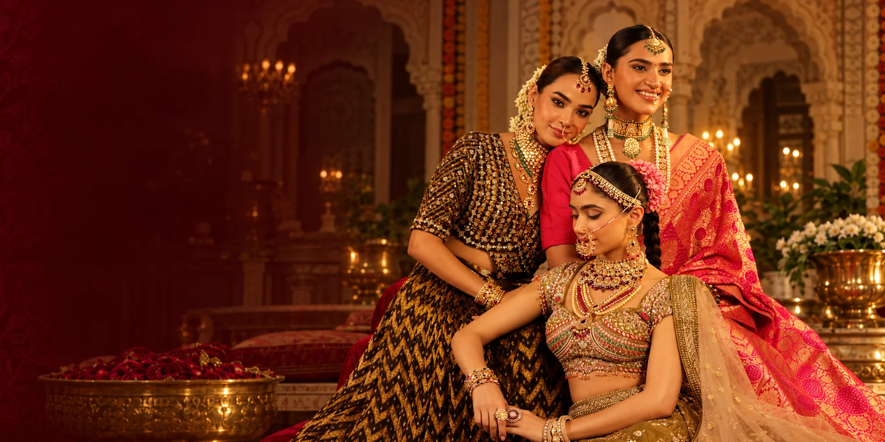 Three women in bridal and festive wear with JKJ polki, kundan and gold jewellery in a palace setting