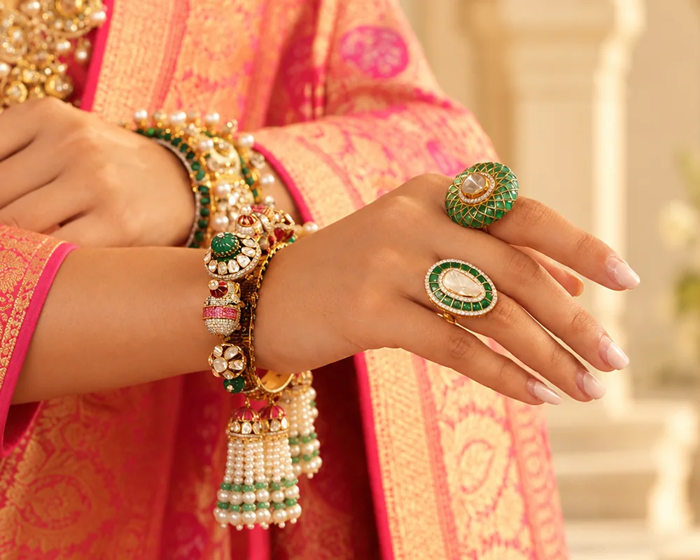 Hands wearing JKJ polki rings and a kundan bracelet