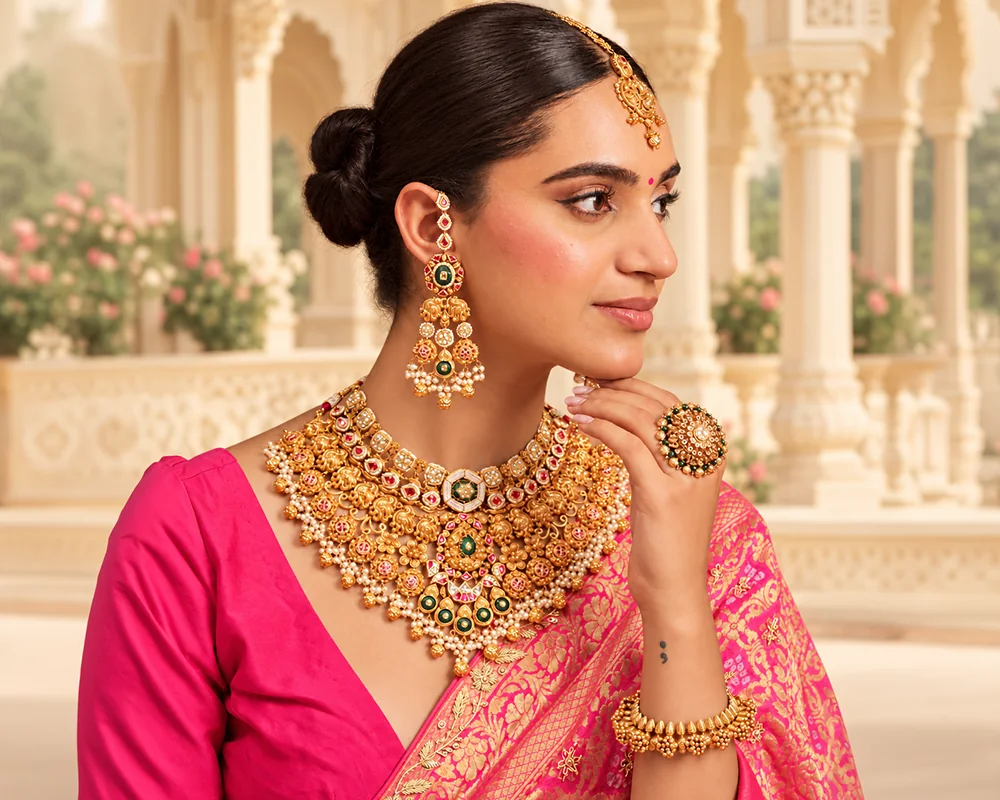 Model wearing a JKJ antique gold necklace, earrings and maang tikka
