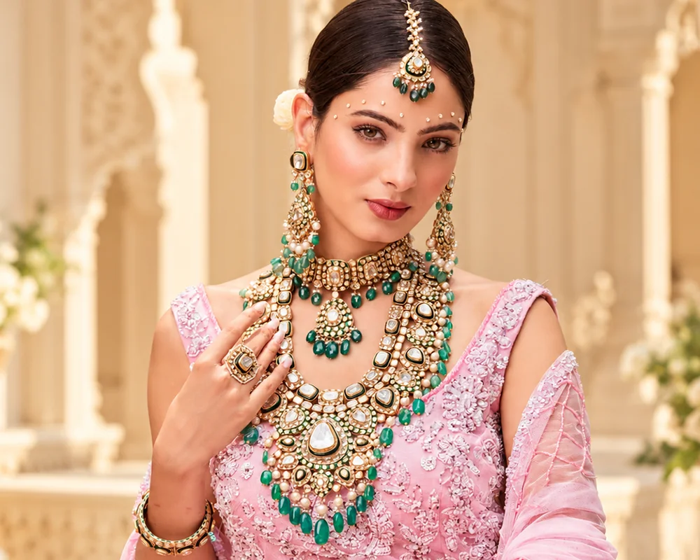 Bride wearing a JKJ polki necklace set with emerald drops