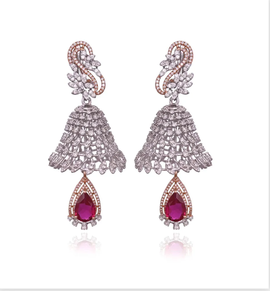 Diamond Jhumkas with Ruby Drop