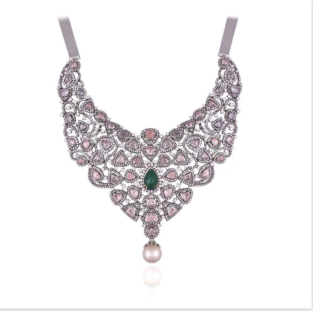 Diamond Lace Necklace with Pearl Drop