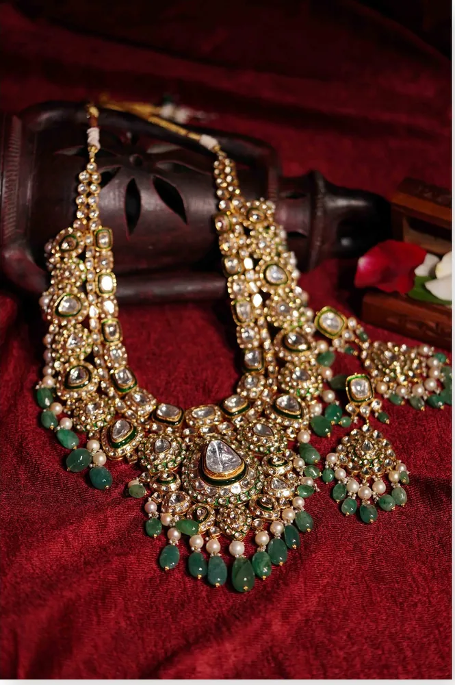 Polki Long Necklace with Green Beads