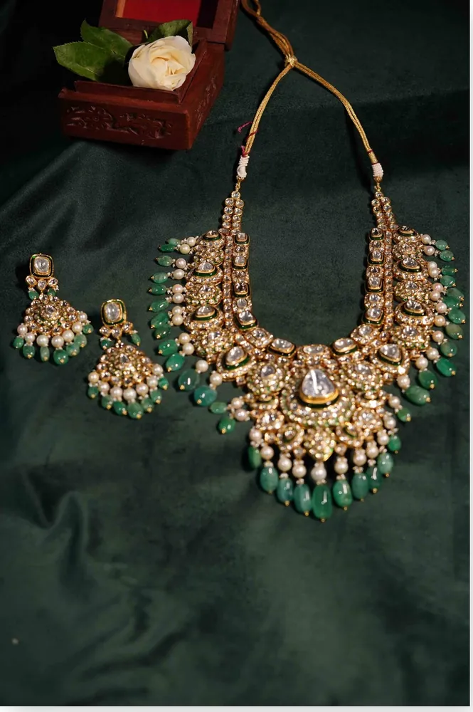Polki Necklace with Emerald Drops