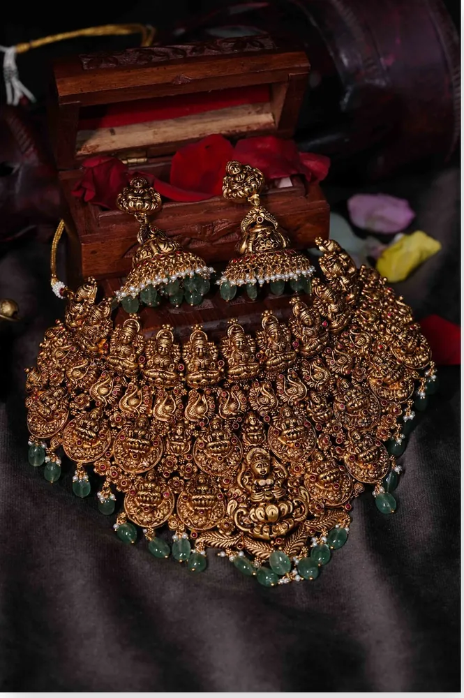 Temple Gold Necklace with Jhumkas